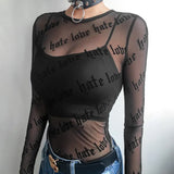 Women Mesh T-Shirts See-Through Perspective Tshirt Letter Printed O Neck Transparent Long Sleeve T Shirt Tops