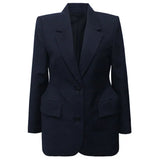 Women Dark Blue Brief Temperament Blazer New Lapel Long Sleeve Loose Fit Jacket Fashion Tide Spring Autumn 2023