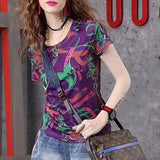 Retro Fashion Letter Floral Printed Pullovers Summer New Short Sleeve Female Clothing Casual O-Neck High Street