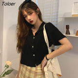 Women Summer Short-sleeve Turn-down-collar Solid Short Womens Tops Blouses Korean Style Loose All-match Slim Trendy