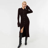 Free Shipping Autumn Bodycon Dress Sweater Knitted Green Women Sexy Midi Split V Neck Long Sleeve Casual Dresses Party