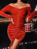 Sexy Red Off Shoulder Long Sleeve Bandage Bodycon