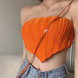 Women's Knit Bandeau Crop Tops, Strapless Sleeveless Solid Color Hanky Hem Tube Tops-Outfit