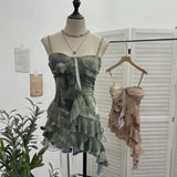 Real Shooting 2025 Spring And Summer New With Chest Cushions Dyed Mesh Sling Sling Vest Irregular Lotus Leaf Side Top