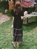 Casual Patchwork Folds Dress For Women Round Neck Short Sleeve Loose Waist Long Dresses Female 2023 Fashion Summer