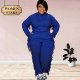 Size Women Fall Clothing Wholesale Hoodie Sweatsuit Solid Long Sleeve Tassel Casual Tracksuit Two Piece Set