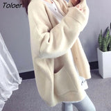 Women Autumn Solid Thicker Warm V-neck Pockets Loose Womens Sweater Ins Simple All-match Knit Tops 4-colors Korean