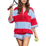 Spring And Summer New Women's Striped Half-Sleeved Oversized Shorts Casual Sportswear Two