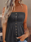 Smocked Strapless Bandeau Button Tank Fashion Bodycon Tank Top Sleeveless Elastic Chest Sexy T-Shirt Tank