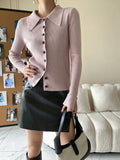 Women's Polo's Neck Pit Stripe Fitted Knitted Cardigan Casual Long Sleeve Button Up
