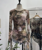 Real Shooting Babes Long Sleeves And Jersey Net Yarn Dye Printing Irregular Lotus Leaf Edge Ribbon Folding Top