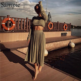 Khaki 2020 Two Piece Set Women Knitted Long Sleeve Pullover Sweater Tops And Midi Split Bodycon Pleated Skirt Set