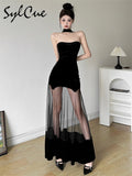 Winter Party Black Mysterious Sexy Mature Beautiful Elegant Graceful Sweet Gentle Women'S Halter Tulle Stitching Dress-Outfit