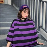Fashion Hip Hop Women T-Shirt Loose Summer Oversize Striped Funny Female Tops Tees Purple Funny Japan Harajuku T Shirt