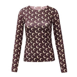 Summer Women'S Designer Moon Print T Shirt Lady Round Neck Long Sleeves Ice Silk Top Women Underwear Clothing