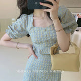 Plaid Chic Two Piece Sets Women Casual Ruffle Flounce Midi Skirt Sets Female Designer Wrap Slim Elegant Party Sets