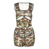 Ribbed Square Collar Sleeveless Hollow Out Camouflage Crop Top Shorts 2 Pcs Matching Set Summer New Streetwear