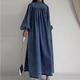 Round-Neck Solid-Colored Casual Long-Sleeved Denim Dress In Fall
