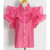 Casual Patchwork Ruffles Fashion Woman Blouses 2022 Lapel Short Sleeve Diamonds Button Through Shirts Female