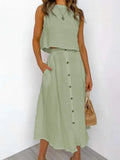 Casual White Cotton Linen Ladies Suit Summer Beach Style Women Skirt Set Sleeveless Crop Tops Button Pockets