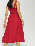 Elegant Women Square Neck Front Buttons Up Sling Dress for Women High Waist A-line Dress Summer Party Female Vestidos-Outfit