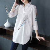 Solid Color Embroidery Fashion Shirt Summer Women's Clothing Korean Loose Turn-down Collar Casual 3/4 Sleeve