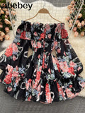 Women Off Shoulder Strap Dress Slash Neck Puff Sleeve Wide Leg Jumpsuits Summer Bohemian Print Vacation Short