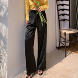 High Waist Wide Leg Pants Women Solid Oversized Silk Satin Vintage Green Pants Female Casual Straight Loose