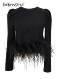 Casual Plain T Shirt For Women Round Neck Loose Long Sleeve Patchwork Feathers Pullovers Female 2022 Spring