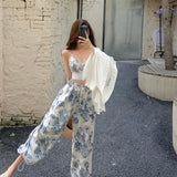 Women's Chic 2Pieces Outfits Floral Print V-Neck Sleeveless Backless Camisole+Drawstring Elastic Waist Long Pants Set-Outfit