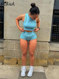Summer Streetwear 2 Two Peice Sets Tracksuit Women Outfits Sleeveless Crop Top Shorts Hollow Out Hole Matching Sets