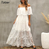 2023 Summer Boho Women Maxi Dress Loose Embroidery White Lace long Tunic Beach Dress Vacation Holiday Women
