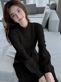 Dresses for Women Party Long Sleeve Midi Patchwork Knitted Sweater Dress Lace Stand Collar A-Line Chinese Style Winter