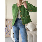 Women's Green Dual Pocket O Neck Relax Fit Tweed Jacket Long Sleeve Casual