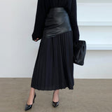 Casual Patchwork Pu Skirt For Women High Waist Midi Folds Pleated Skirts Female 2022 Spring Fashion Clothing