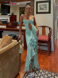 Hollow Ruffles Dress Woman Y2K Summer Spaghetti Strap Sexy Irregular Tassel Patchwork Fungus Trim Mesh Skinny Vestidos-Outfit