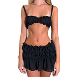 Women Y2K 2Piece Skirts Outfits Solid Color Spaghetti Strap Frills Sleeveless Cami Bra Tops+Low Waist Mini Skirts Set-Outfit