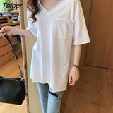 Womens T-shirt Korean V-neck Short-sleeved T-shirt Loose Large Size Medium Long Bottoming Shirts Woman Tshirts 2022 Summer