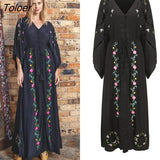 Embroidered Women Maxi Dress V-Neck Batwing Sleeve Loose Oversize Summer Dresses Drawstring Waist Boho Beach