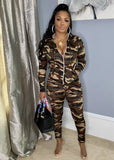 Camo Print Zipper Fly Hooded Two Piece Pants Set