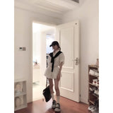 White Polo Collar Long-Sleeved Shirt Top Spring High Waist Half-Dress Temperament