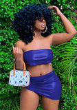 Sexy Strapless Sleeveless Low Waist Solid PU Leather Asymmetrical MiniTwo Piece Skirt