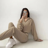 Solid Women Zipper Stand Collar Tops Autumn Winter Two Piece Sets Splice Full Sleeve Elastic Waist Straight Long Pants Set-Outfit