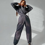 Women Basic Hoodie Jumpsuit Zipper Drawstring Overall High Waist Elasticity Streetwear Tracksuit Rompers Casual One Piece