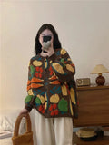 Women Sweaters Cardigan Print Floral Coats Full Sleeve Knitted Loose Jumpers Coat Top Regular Splice Single Breasted Outerwear-Outfit