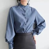 Vintage Chiffon Shirts Women Lantern Sleeve Black Blouses Korean Elegant Office Lady Solid Loose Casual Tops New-Outfit