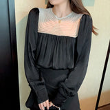 Mesh Satin Chiffon Shirt Long Sleeve Pleated Loose Vintage Blouse Autumn Casual O-neck Beading Stitching Blouse