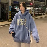 QWEEK 2021 Spring Autumn Oversized Letter Print Hoodies Women Plus Velvet Korean Style Streetwear Harajuku Hooded