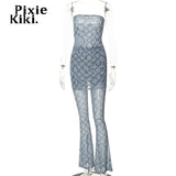 Y2k Sexy 2 Piece Set Print Mesh Sheer Tube Top and Flare Pants Matching Sets 2023 Nightclub Outfit for Women