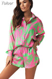 Woman Vintage Long Sleeve Shirt Two Peice Sets Print Shorts Suits Short Pants Suit Two Piece Set Female Casual